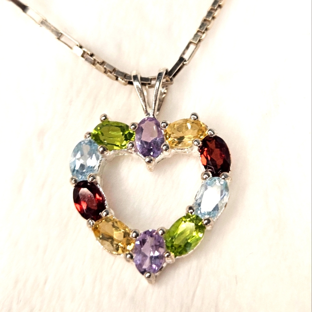 Multi Gemstone Large Heart Sterling Silver 925 pendant and chain